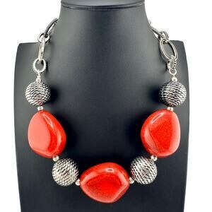 Premier Designs Chunky Red Faux Stone Silver tone Beaded 17" Fashion Necklace